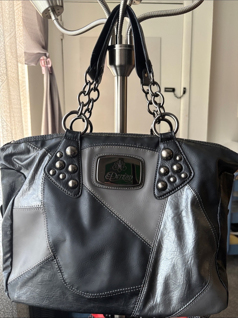 Dereon Black Patchwork Satchel with Chain Handles